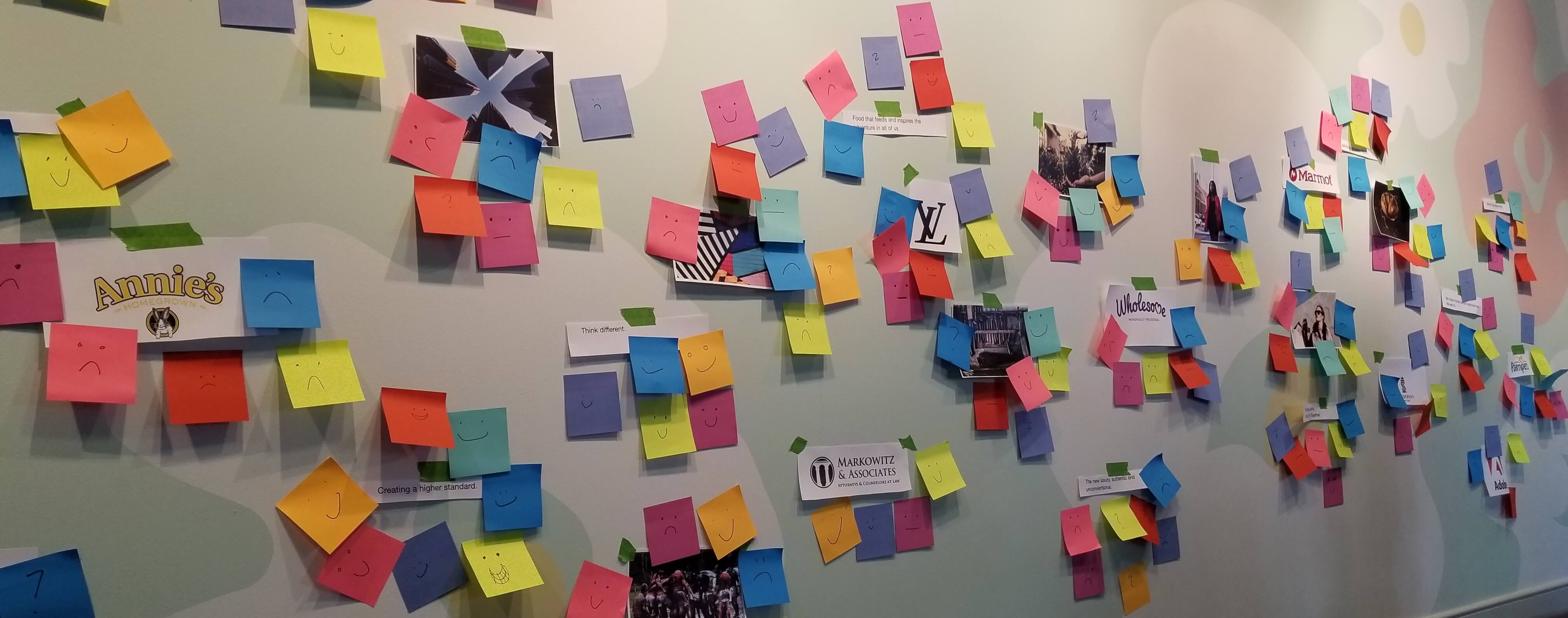 Wall covered in sticky notes indicating opinions on other brands